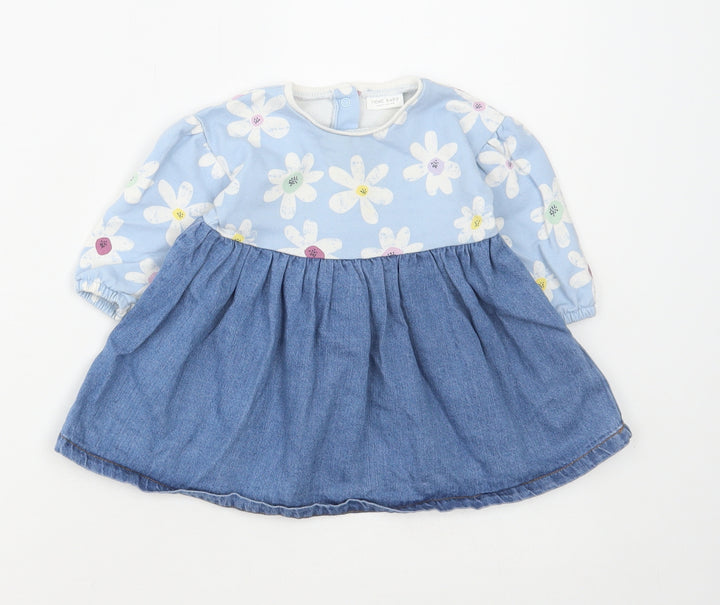 NEXT Girls Blue Floral Cotton Skater Dress Size 3-6 Months Round Neck Snap