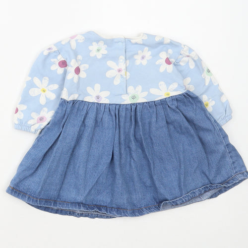 NEXT Girls Blue Floral Cotton Skater Dress Size 3-6 Months Round Neck Snap