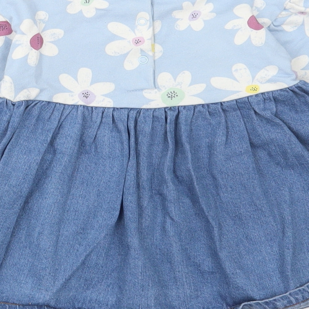 NEXT Girls Blue Floral Cotton Skater Dress Size 3-6 Months Round Neck Snap