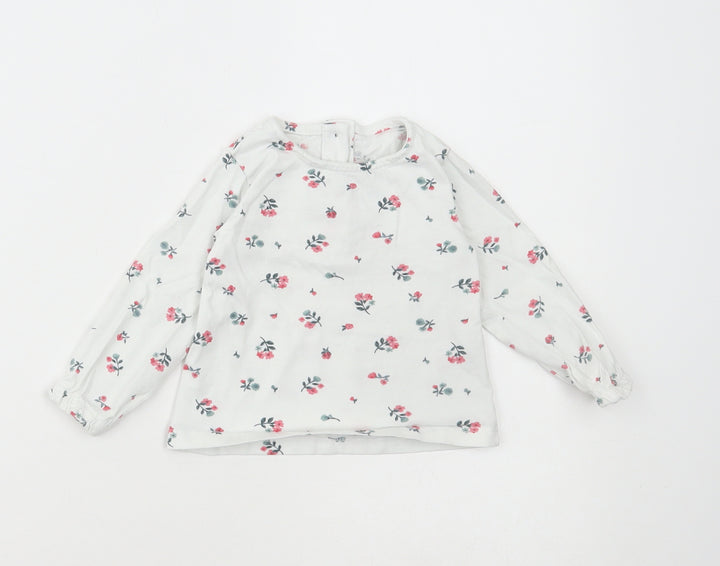 Dunnes Stores Girls White Floral Cotton Basic T-Shirt Size 6-9 Months Round Neck Button