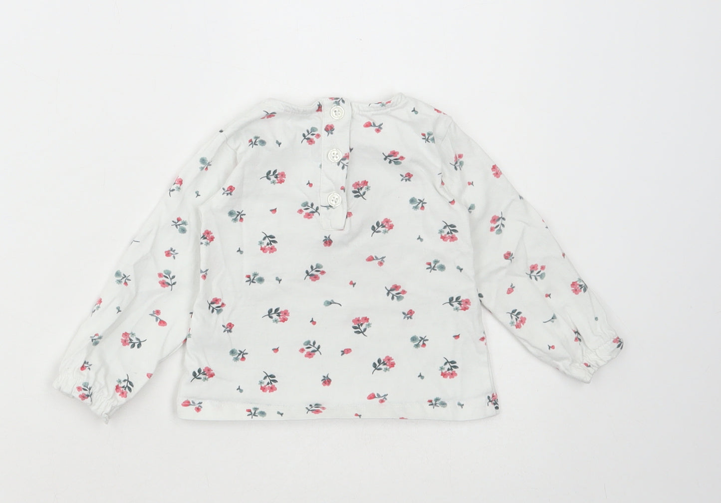 Dunnes Stores Girls White Floral Cotton Basic T-Shirt Size 6-9 Months Round Neck Button