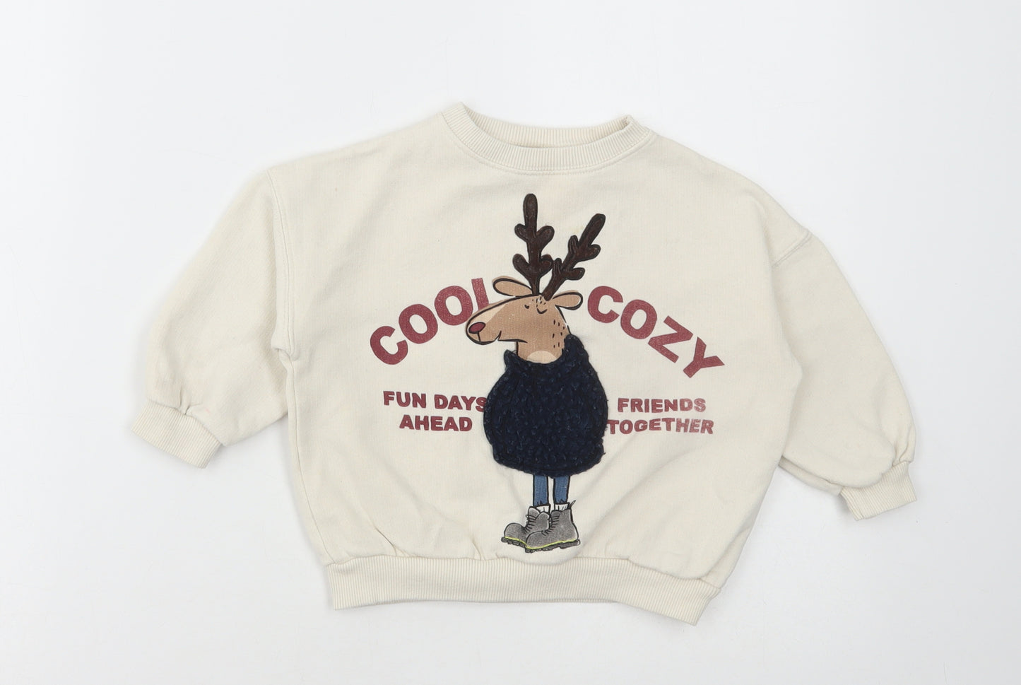 Zara Baby Beige Cotton Pullover Jumper Size 12-18 Months Pullover - Reindeer Slogan