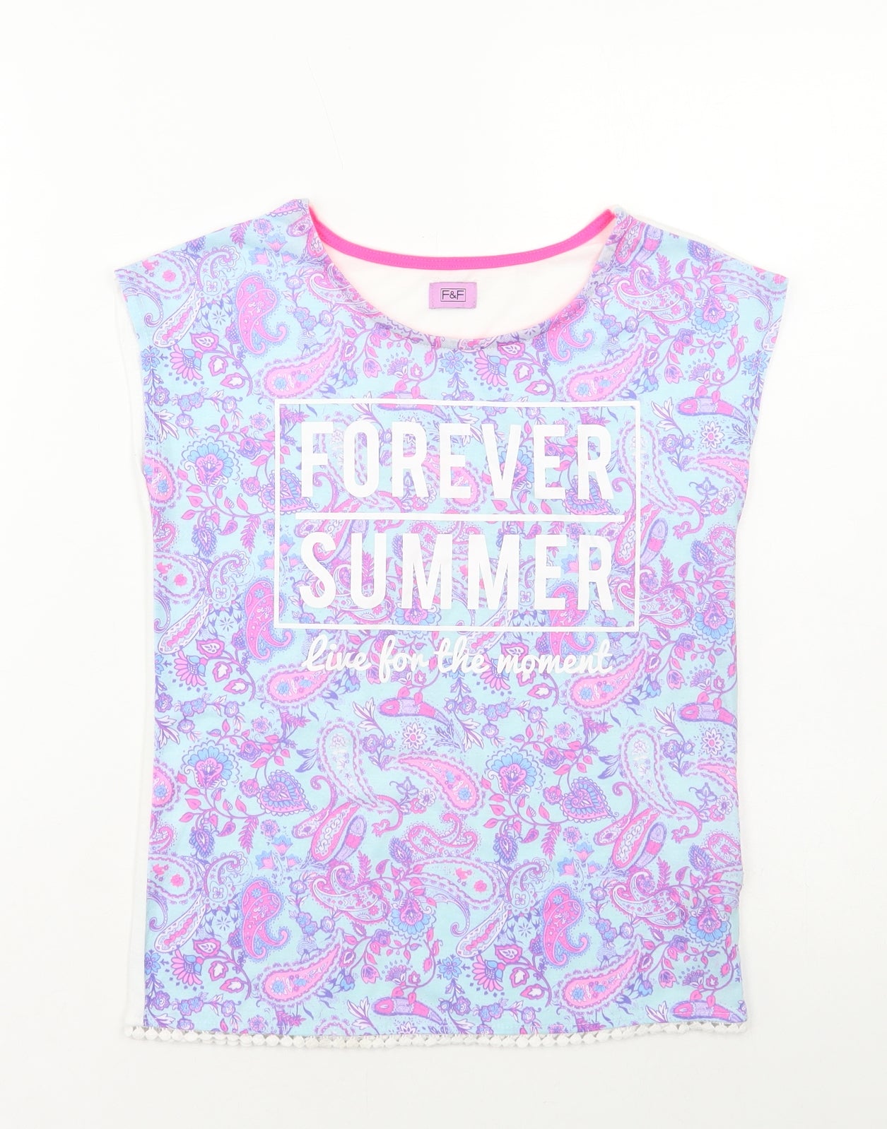 F&F Girls Blue Paisley Polyester Basic T-Shirt Size 9-10 Years Round Neck Pullover - Forever summer