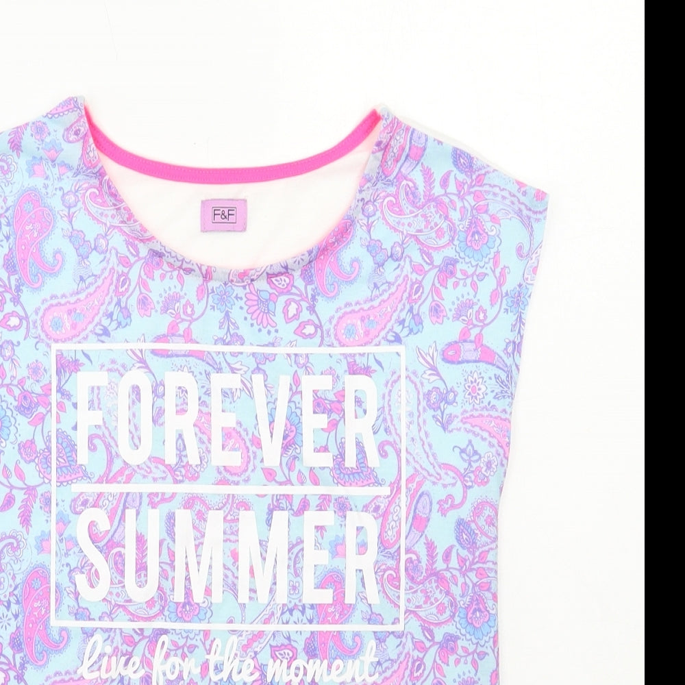 F&F Girls Blue Paisley Polyester Basic T-Shirt Size 9-10 Years Round Neck Pullover - Forever summer