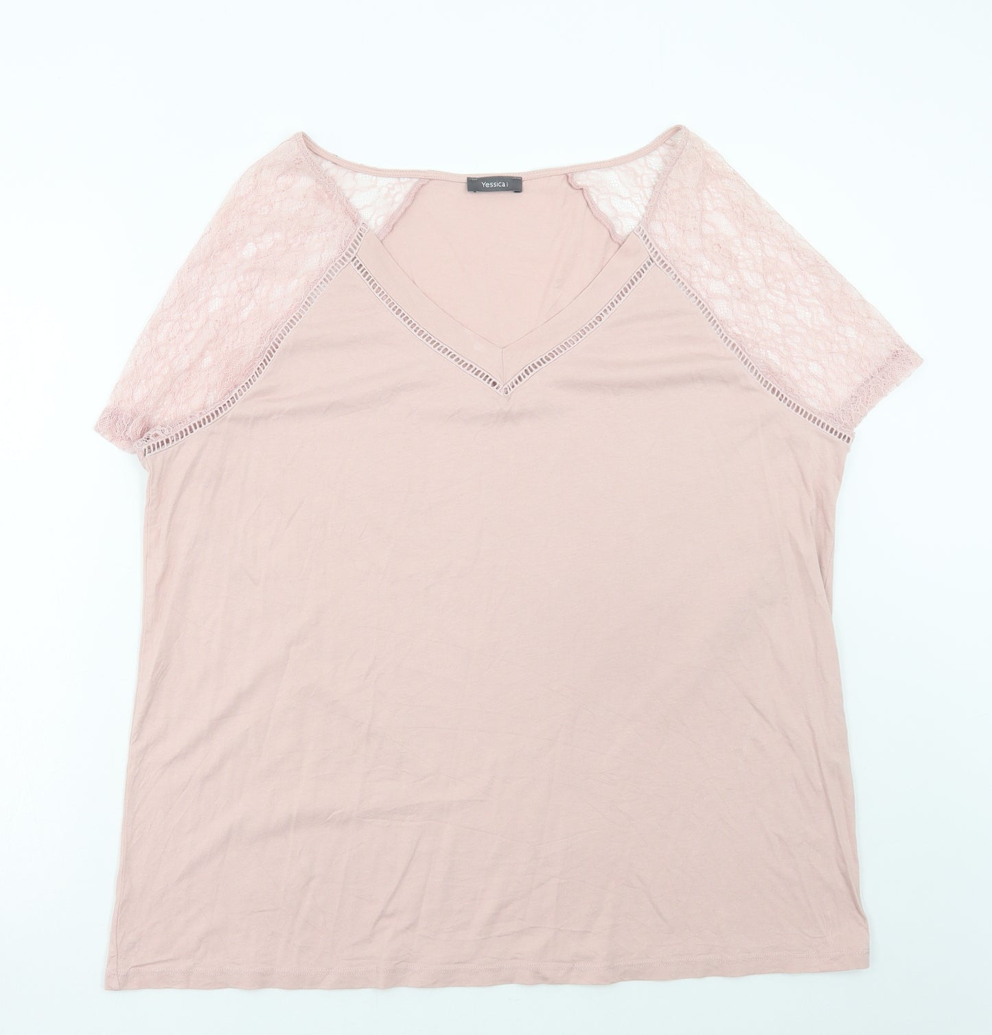 Yessica Womens Pink Polyester Basic T-Shirt Size XL V-Neck