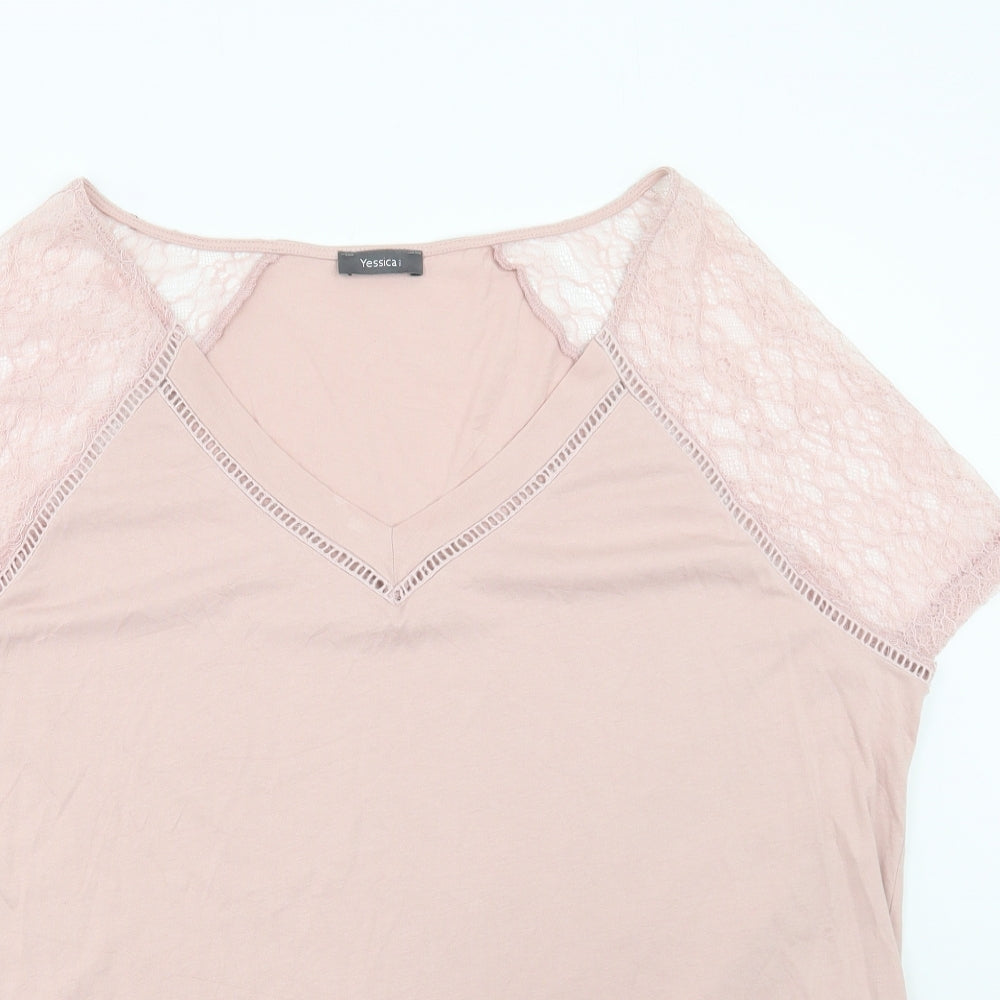 Yessica Womens Pink Polyester Basic T-Shirt Size XL V-Neck