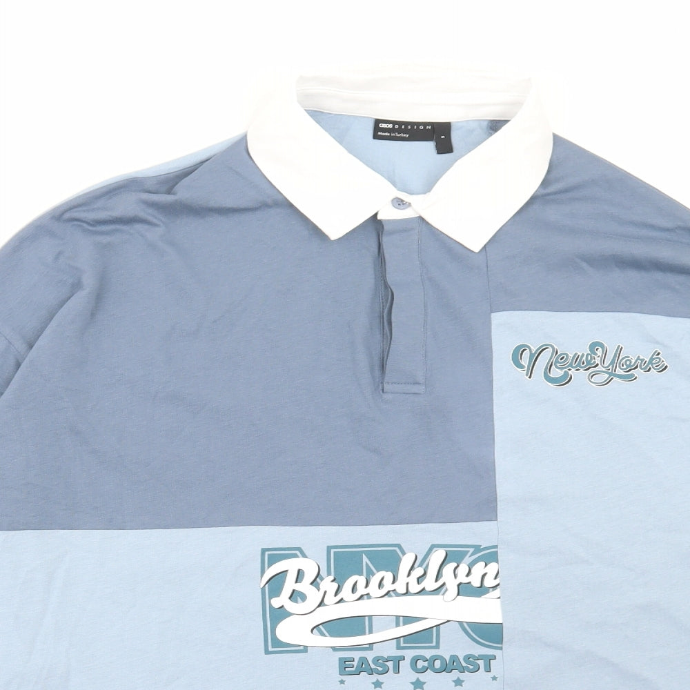 ASOS Mens Blue Colourblock Cotton T-Shirt Size S Collared - Brooklyn