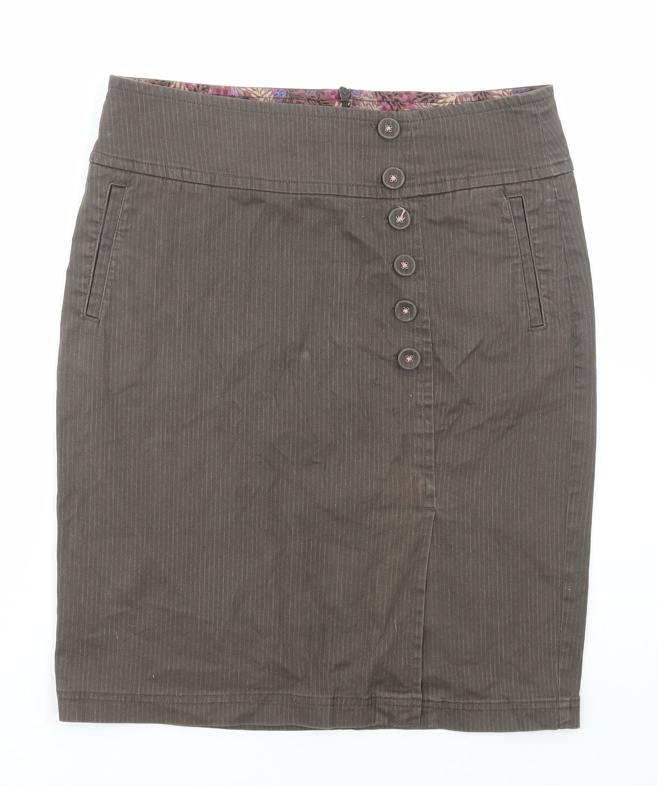 Laura Ashley Womens Brown Striped Cotton Straight & Pencil Skirt Size 12 Button