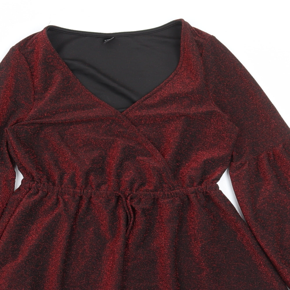 SheIn Womens Red Elastane Skater Dress Size M V-Neck Pullover