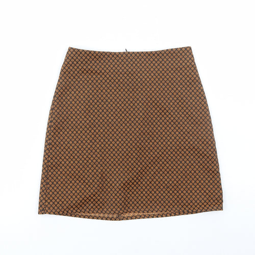 Pull&Bear Womens Orange Geometric Polyester Mini Skirt Size XS Zip