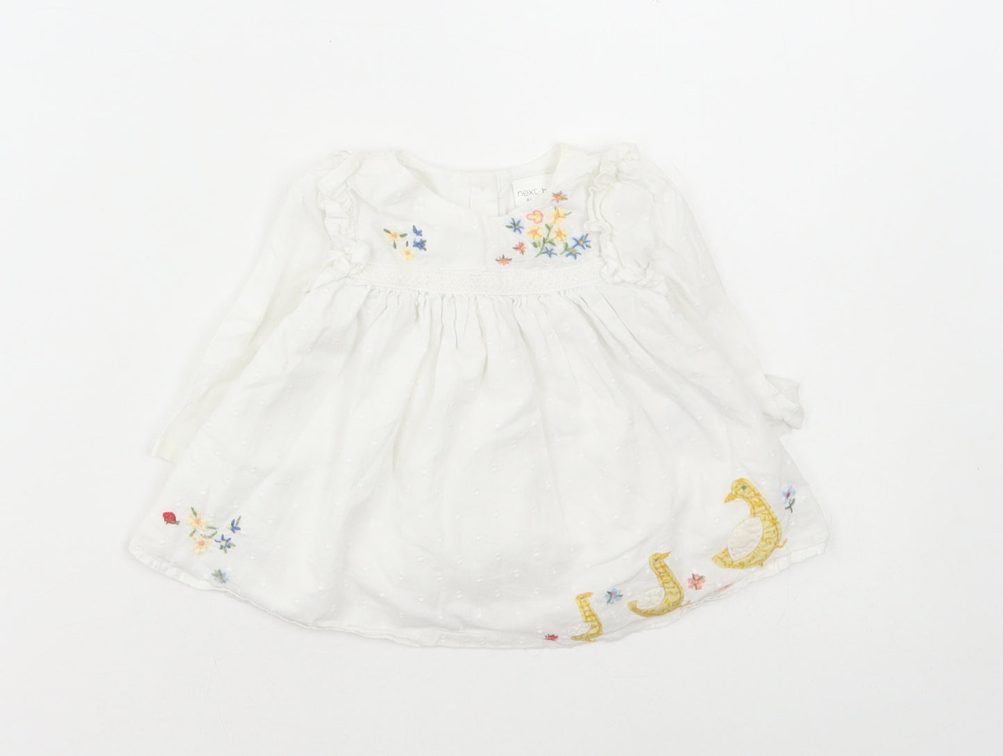 NEXT Girls White Cotton A-Line Size 0-3 Months Round Neck Button - Ducks