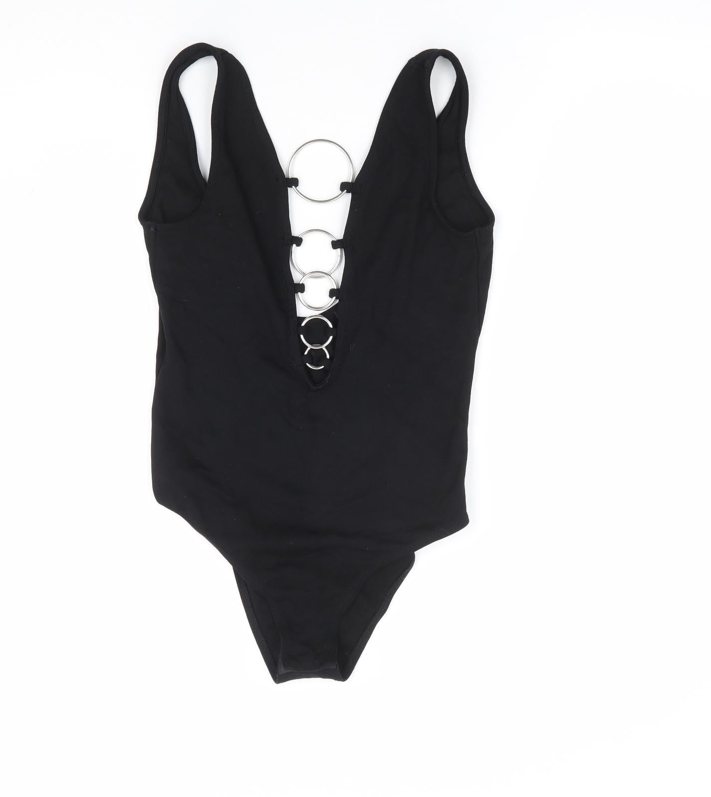 River Island Womens Black Viscose Bodysuit One-Piece Size 8 Snap - Ring Detailing