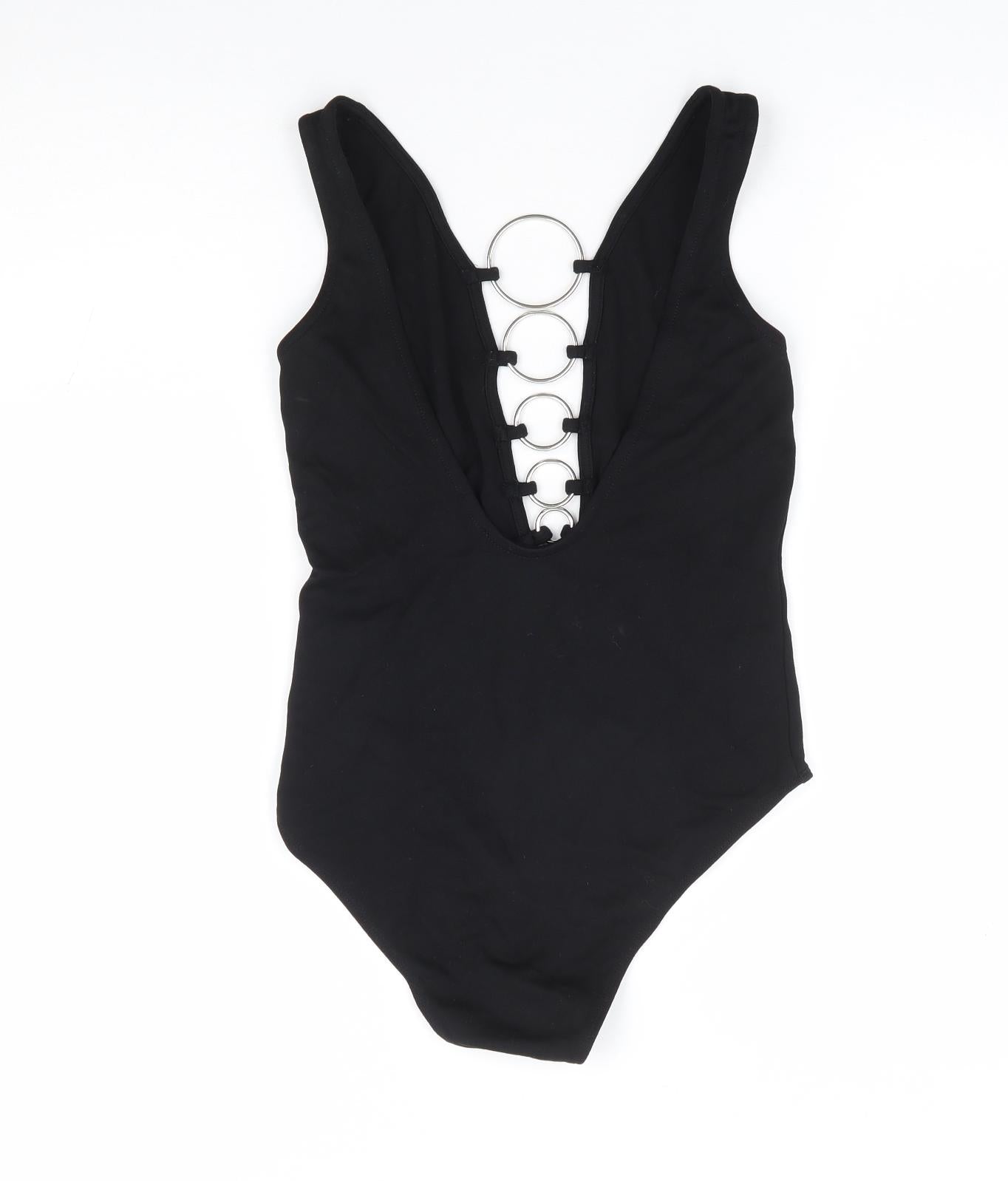 River Island Womens Black Viscose Bodysuit One-Piece Size 8 Snap - Ring Detailing