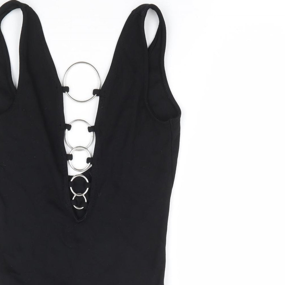 River Island Womens Black Viscose Bodysuit One-Piece Size 8 Snap - Ring Detailing
