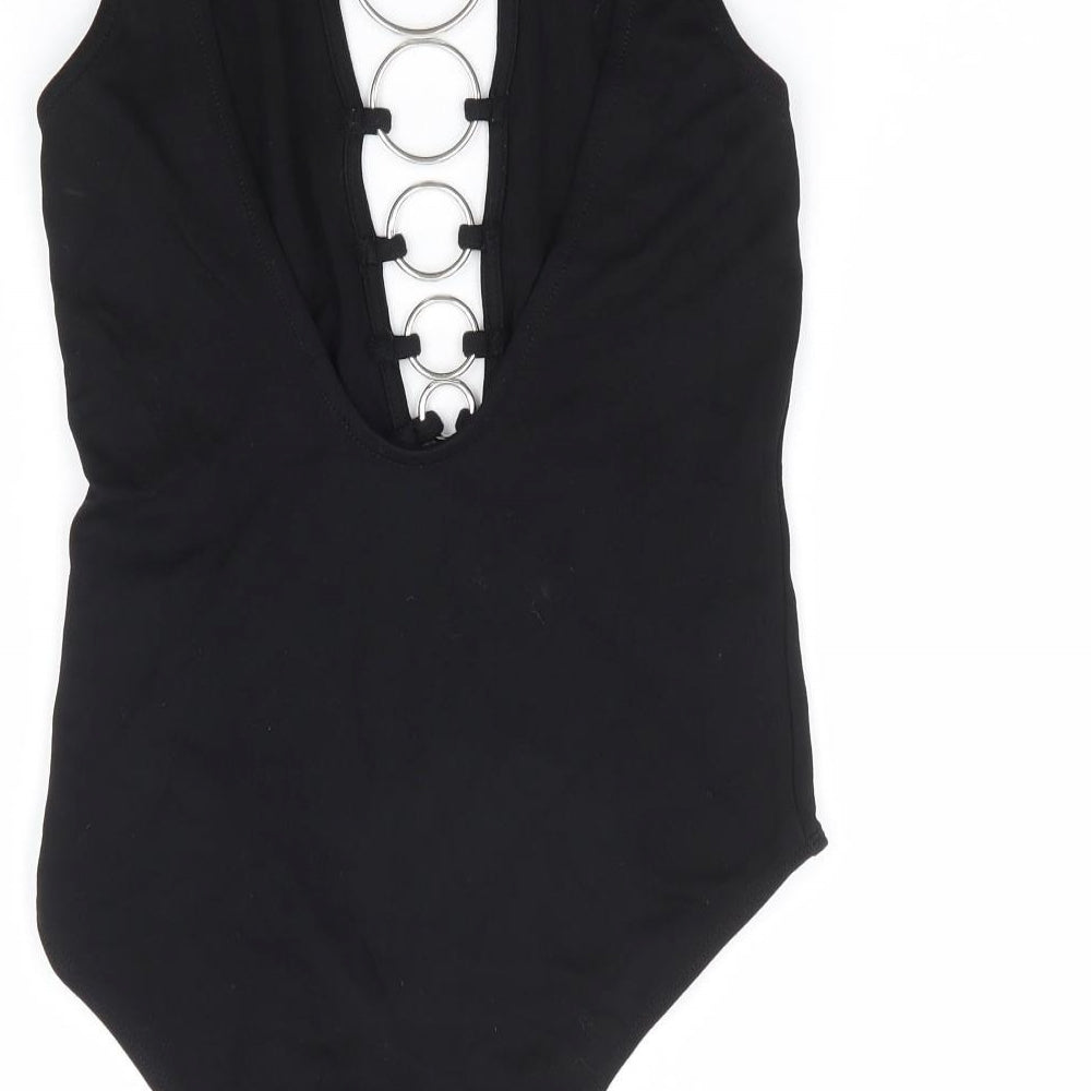 River Island Womens Black Viscose Bodysuit One-Piece Size 8 Snap - Ring Detailing