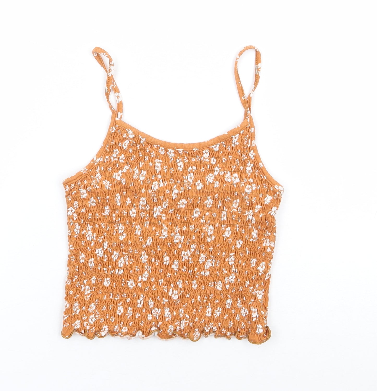 New Look Womens Yellow Floral Cotton Cropped Tank Size 10 Round Neck - Shirred