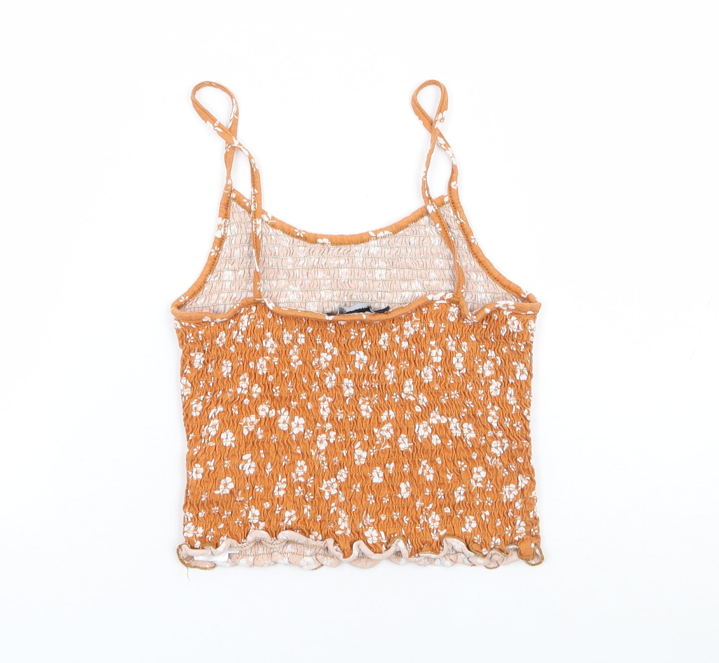 New Look Womens Yellow Floral Cotton Cropped Tank Size 10 Round Neck - Shirred