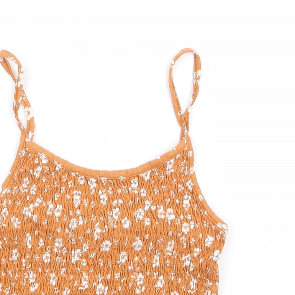 New Look Womens Yellow Floral Cotton Cropped Tank Size 10 Round Neck - Shirred