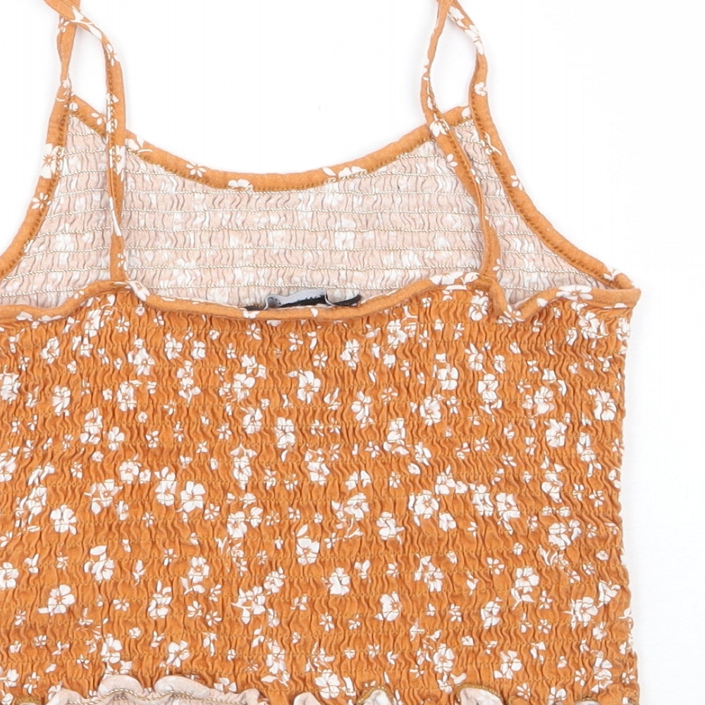 New Look Womens Yellow Floral Cotton Cropped Tank Size 10 Round Neck - Shirred
