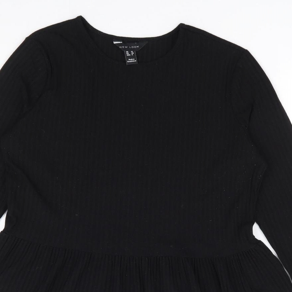 New Look Womens Black Polyester Basic T-Shirt Size 12 Round Neck - Peplum