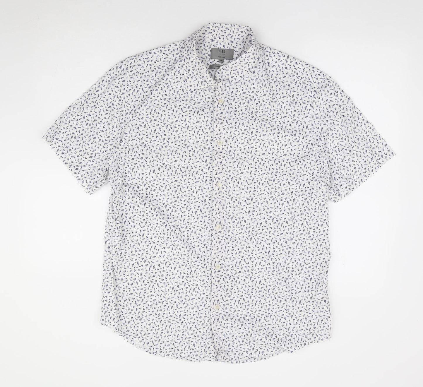 Marks and Spencer Mens White Geometric Cotton Button-Up Size M Collared Button