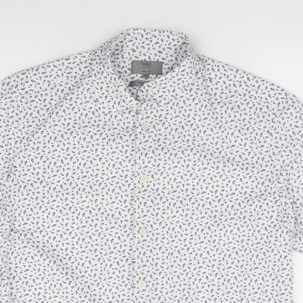 Marks and Spencer Mens White Geometric Cotton Button-Up Size M Collared Button