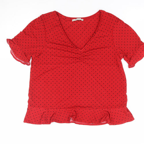 Oasis Womens Red Polka Dot Polyester Jersey T-Shirt Size M V-Neck