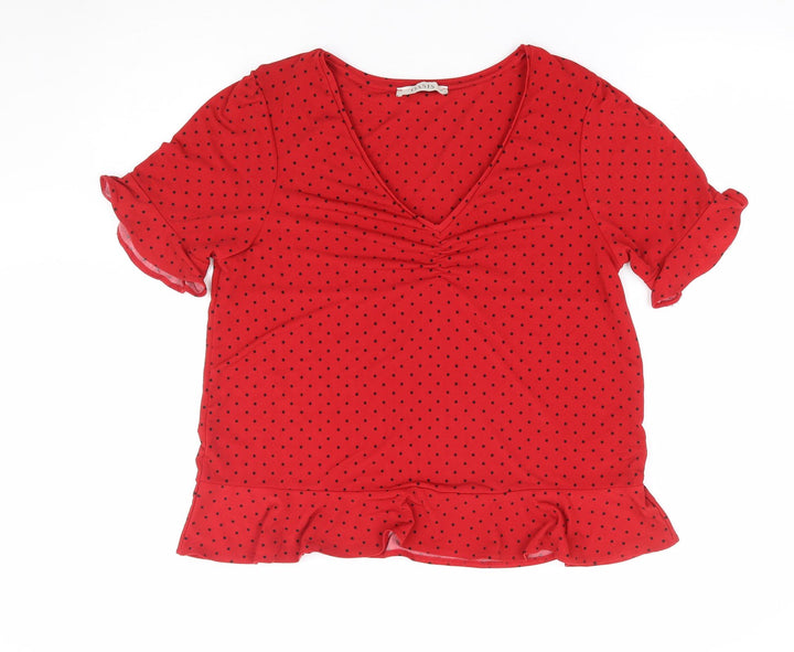 Oasis Womens Red Polka Dot Polyester Jersey T-Shirt Size M V-Neck