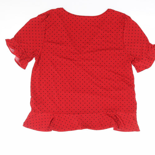 Oasis Womens Red Polka Dot Polyester Jersey T-Shirt Size M V-Neck