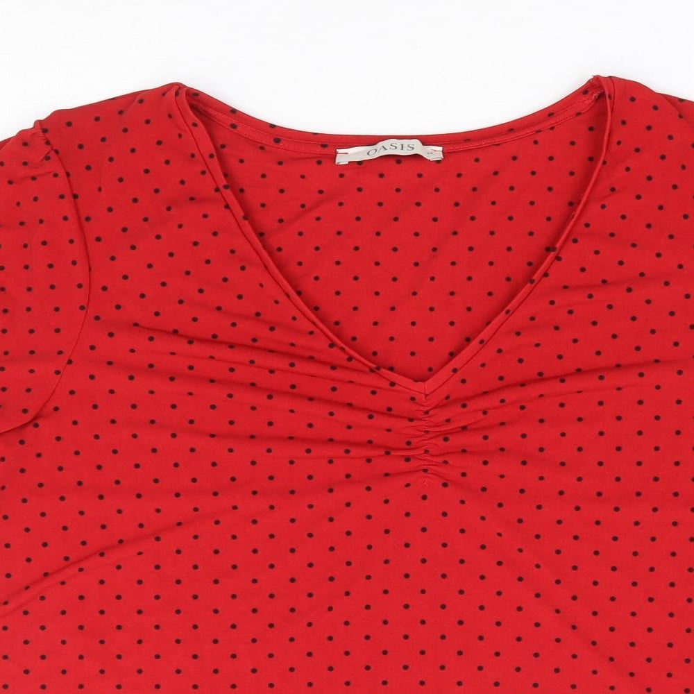 Oasis Womens Red Polka Dot Polyester Jersey T-Shirt Size M V-Neck
