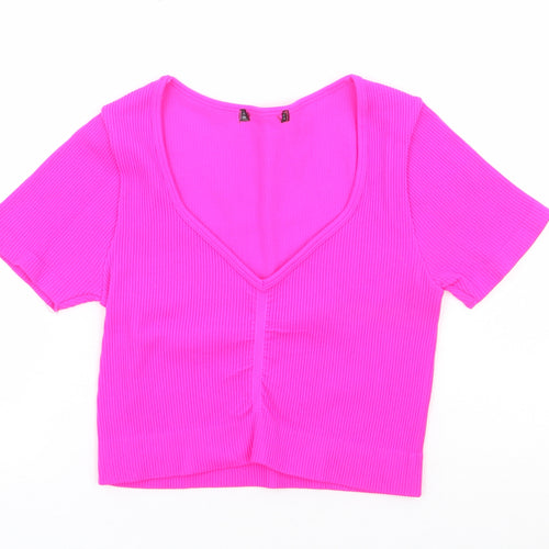 Preworn Womens Pink Polyester Cropped T-Shirt Size XS V-Neck - Ribbed