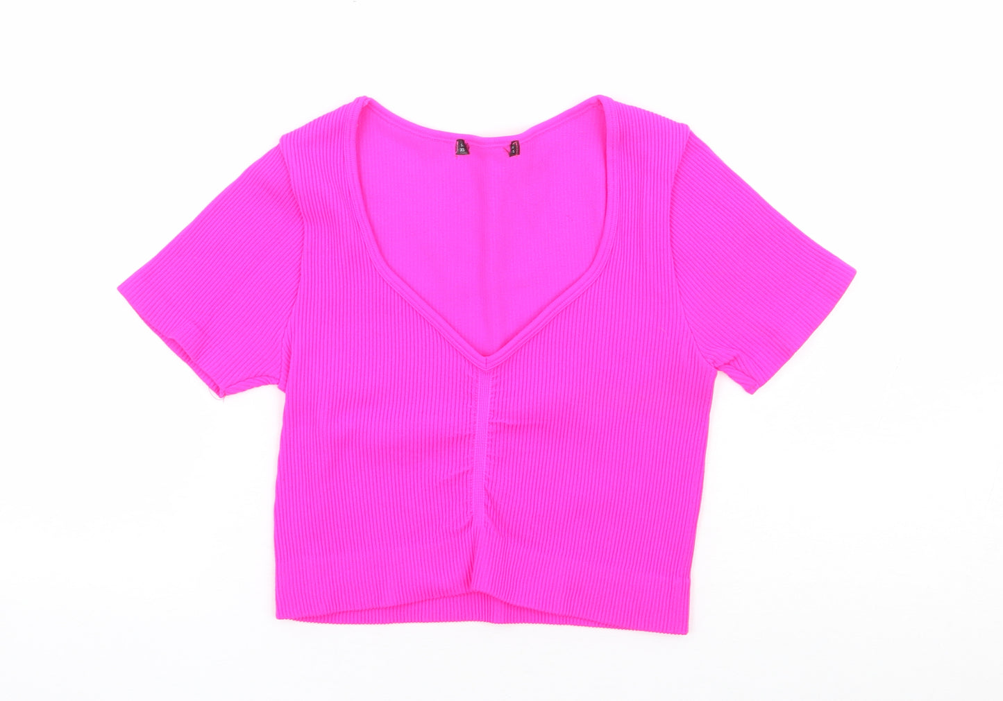 Preworn Womens Pink Polyester Cropped T-Shirt Size XS V-Neck - Ribbed