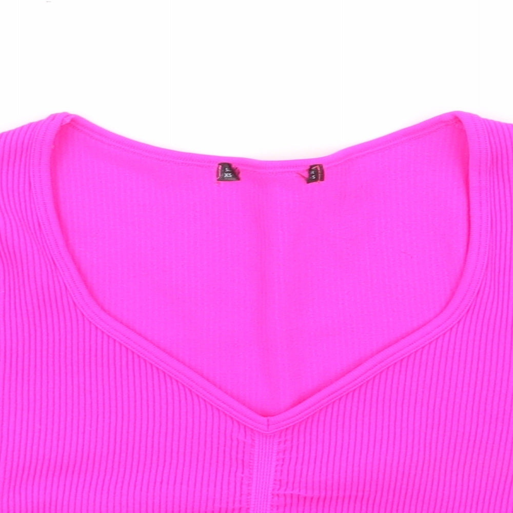 Preworn Womens Pink Polyester Cropped T-Shirt Size XS V-Neck - Ribbed