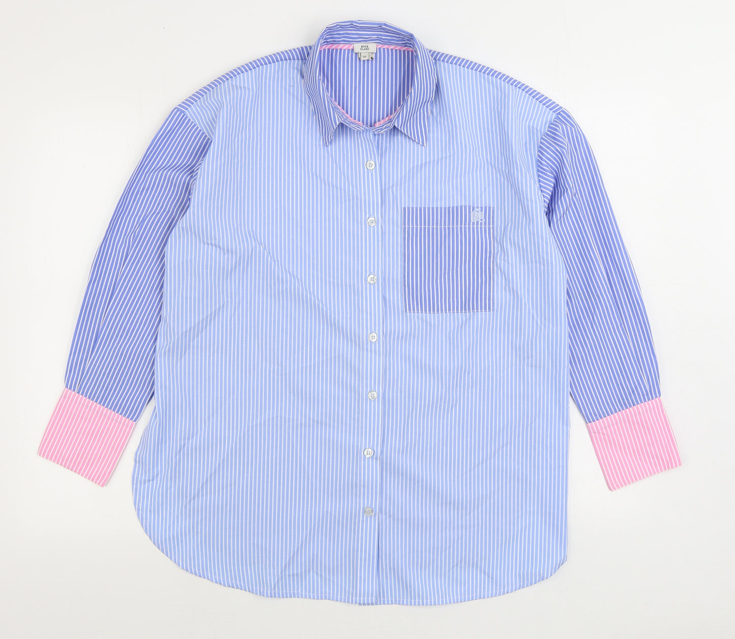 River Island Mens Blue Striped Polyester Button-Up Size XS Collared Button