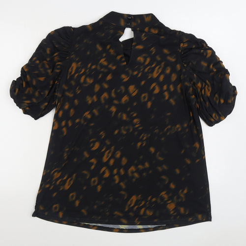 Joanna Hope Womens Black Animal Print Polyester Basic Blouse Size 16 High Neck - Ruched Sleeve