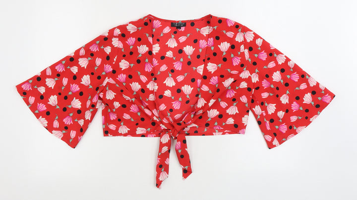 Topshop Womens Red Geometric Polyester Wrap Blouse Size 10 V-Neck - Tie Front