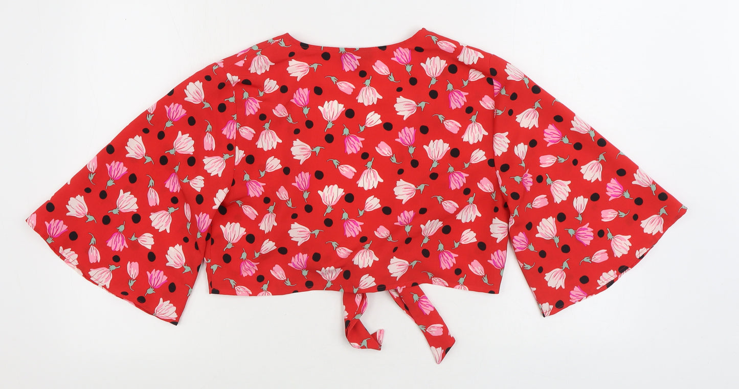 Topshop Womens Red Geometric Polyester Wrap Blouse Size 10 V-Neck - Tie Front