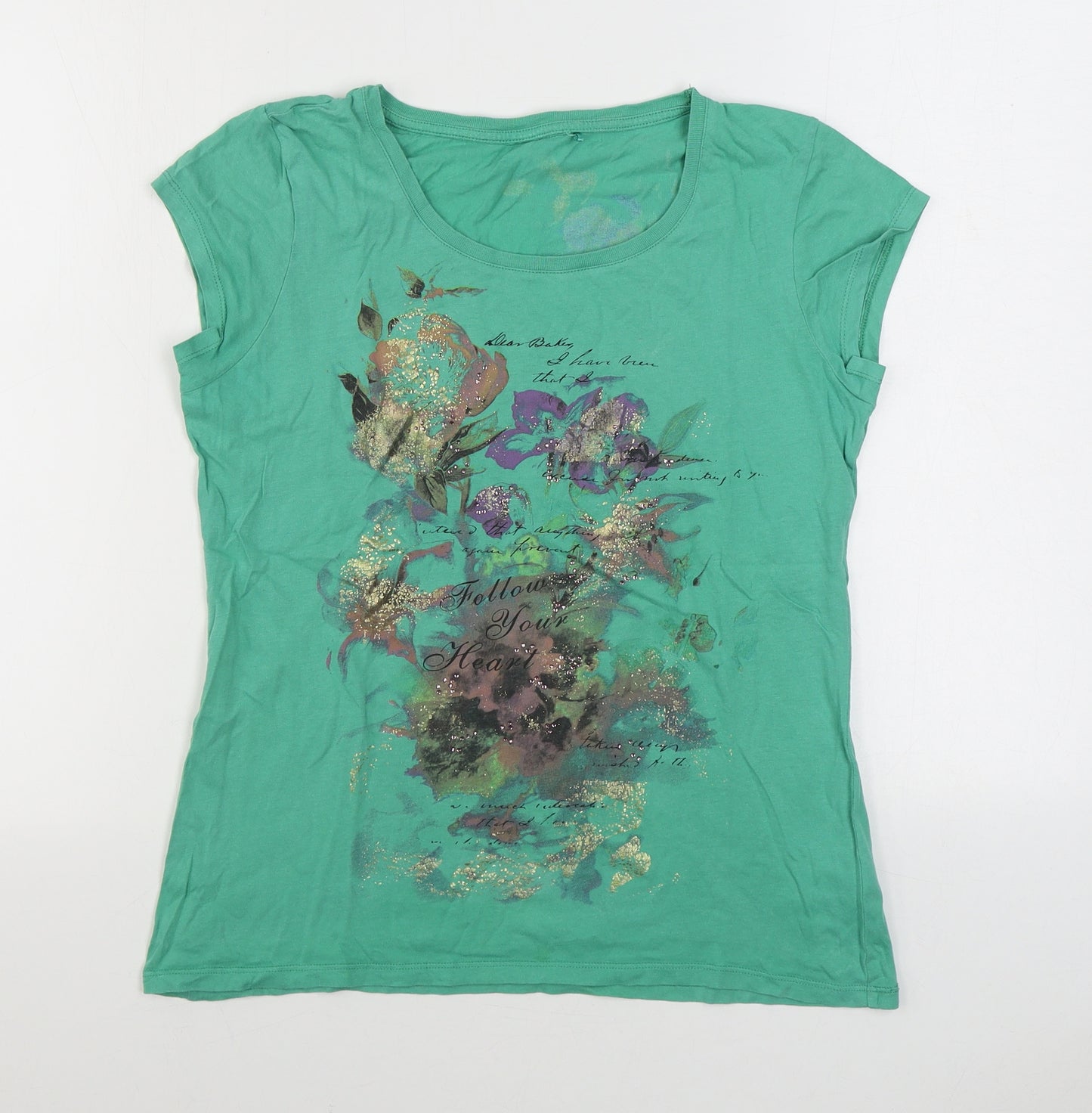 NEXT Womens Green 100% Cotton Basic T-Shirt Size 14 Scoop Neck - Floral