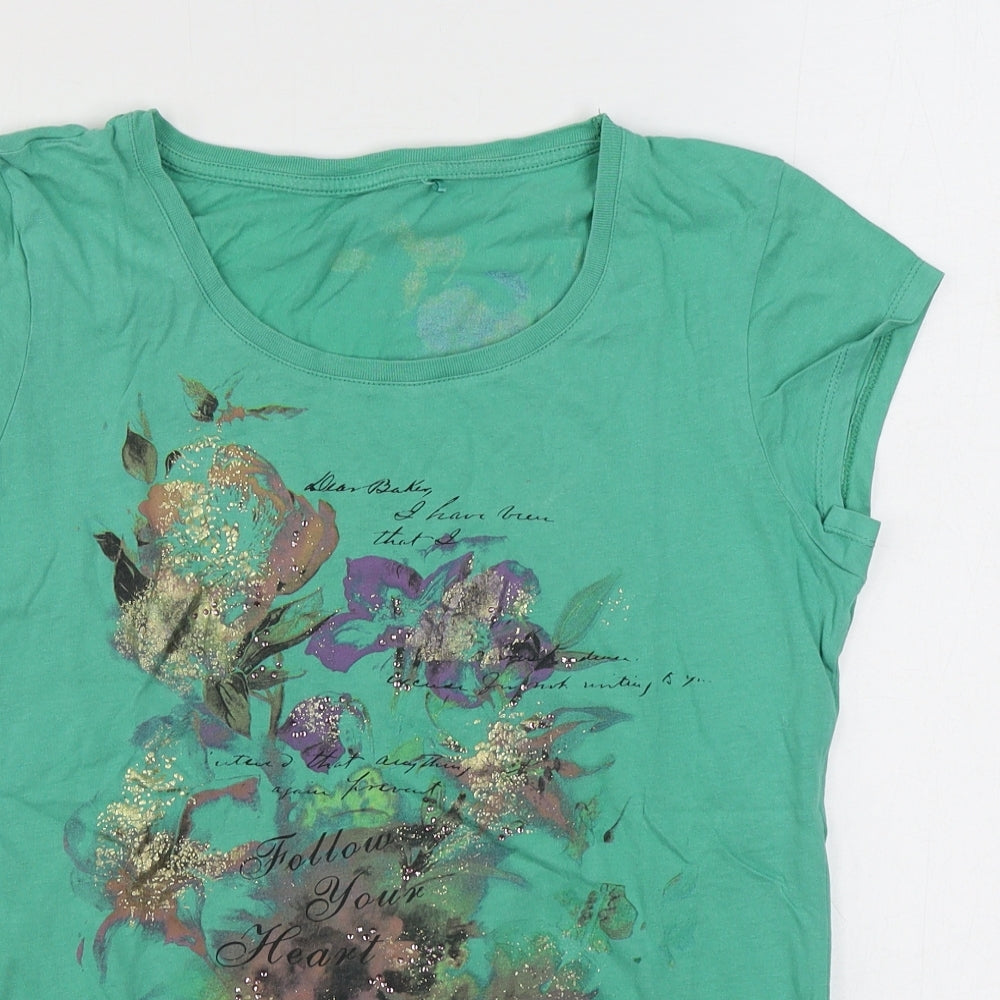 NEXT Womens Green 100% Cotton Basic T-Shirt Size 14 Scoop Neck - Floral
