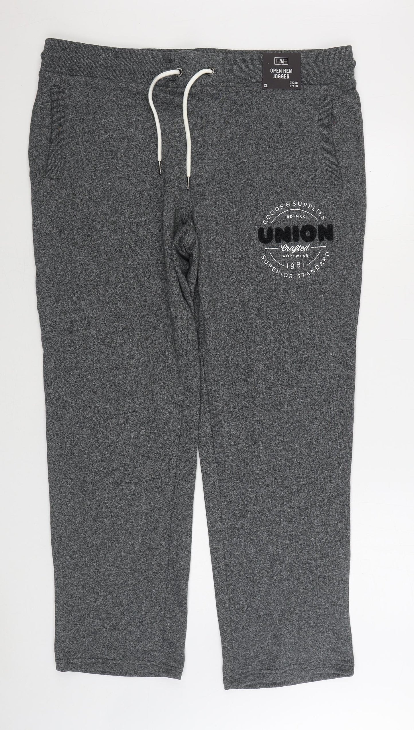F&F Mens Grey Cotton Jogger Trousers Size XL L33 in Regular Drawstring - Union
