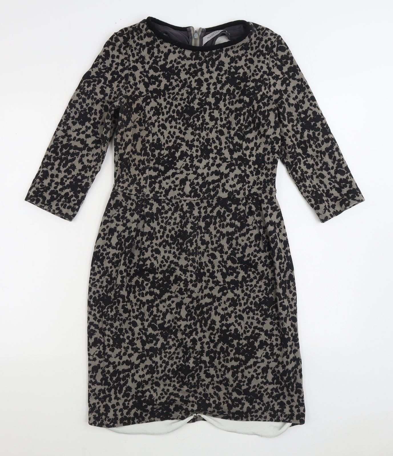 Marella Womens Black Geometric Viscose Sheath Size 12 Boat Neck Zip