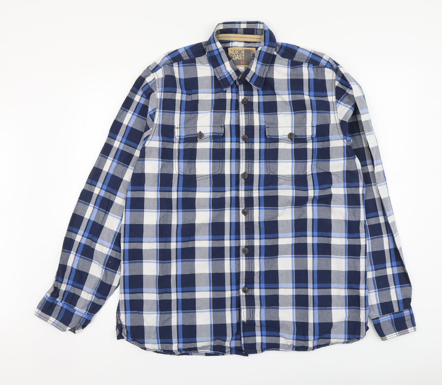 North Coast Mens Blue Plaid Cotton Button-Up Size XL Collared Button