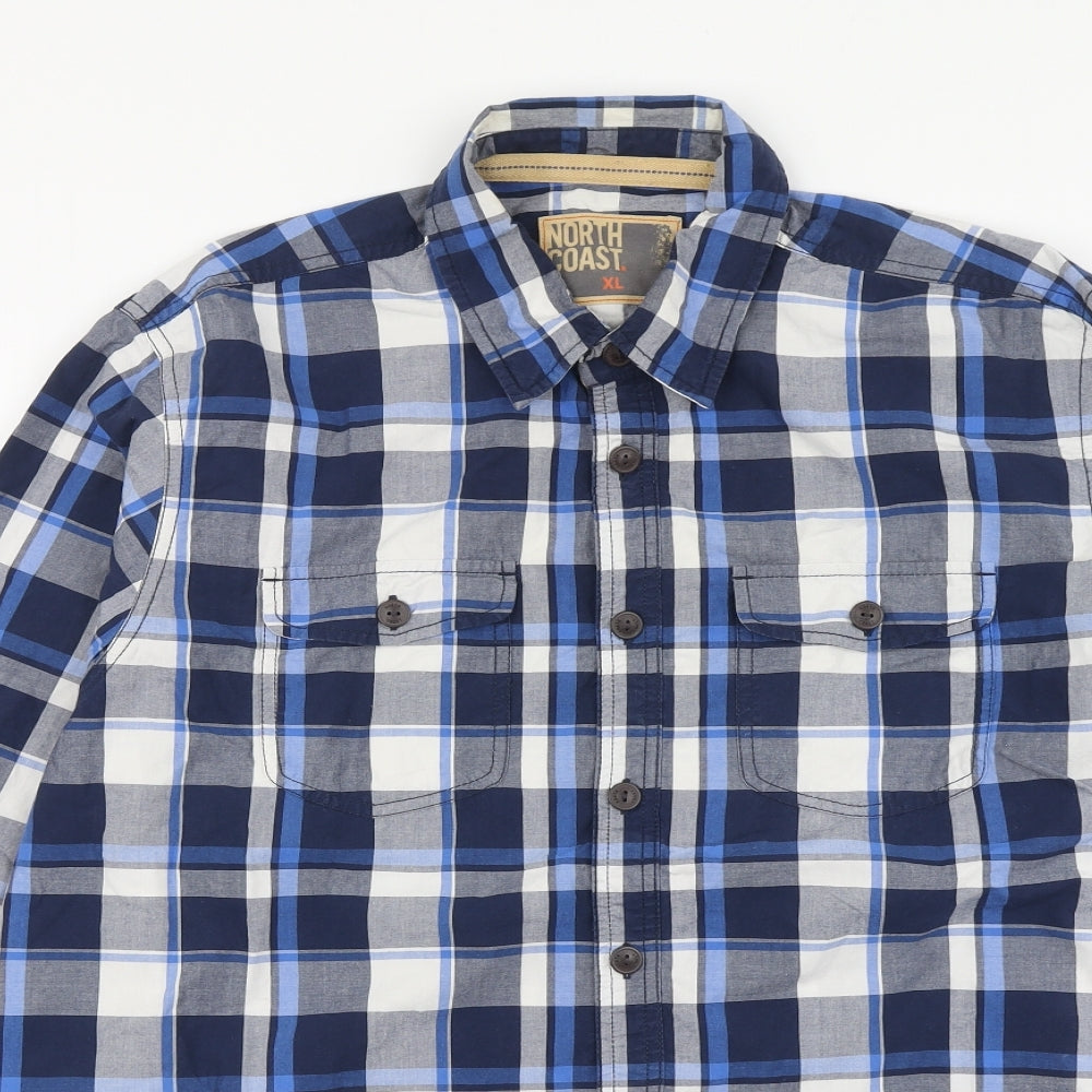 North Coast Mens Blue Plaid Cotton Button-Up Size XL Collared Button
