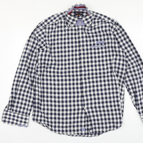 Blue Industry Mens Blue Check Cotton Button-Up Size XL Collared Button