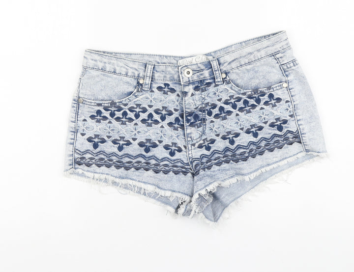 Red Chili Womens Blue Geometric Cotton Cut-Off Shorts Size 10 L10 in Regular Button