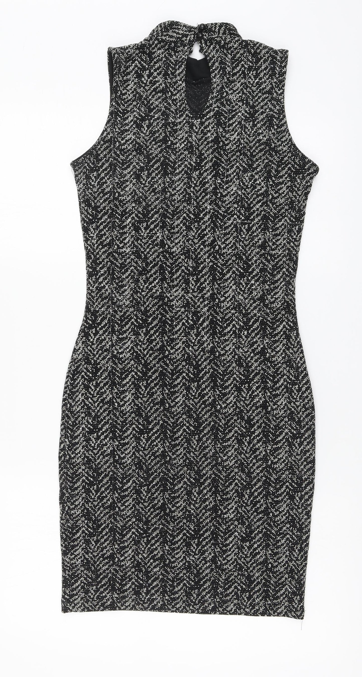 Quiz Womens Black Nylon A-Line Size 8 High Neck Button