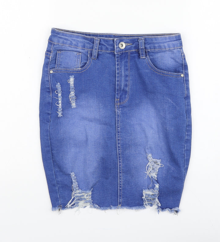 Mybestiny Womens Blue Cotton Straight & Pencil Skirt Size S Button - Distressed
