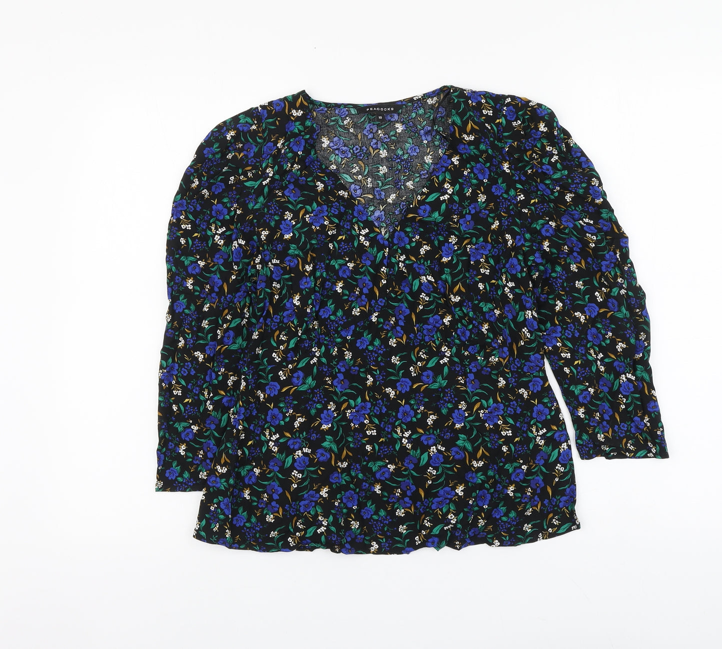 Peacocks Womens Black Floral Viscose Basic Blouse Size 10 V-Neck