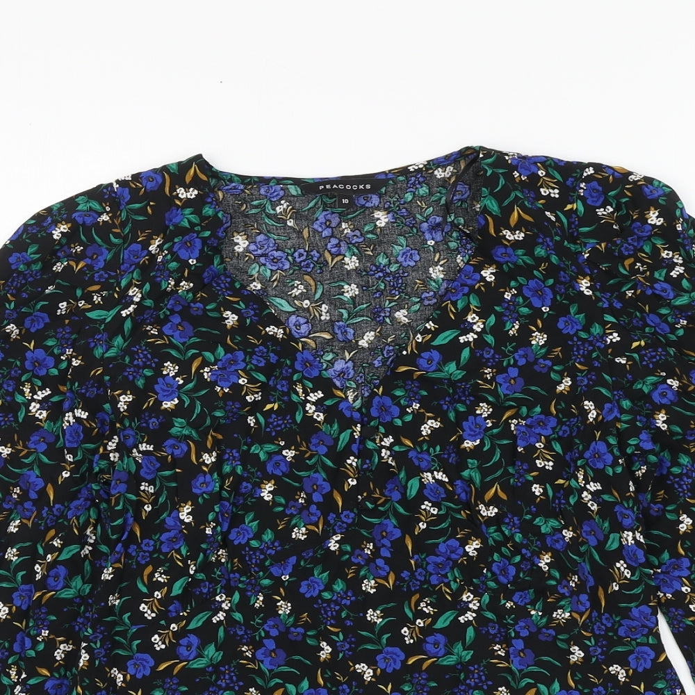 Peacocks Womens Black Floral Viscose Basic Blouse Size 10 V-Neck