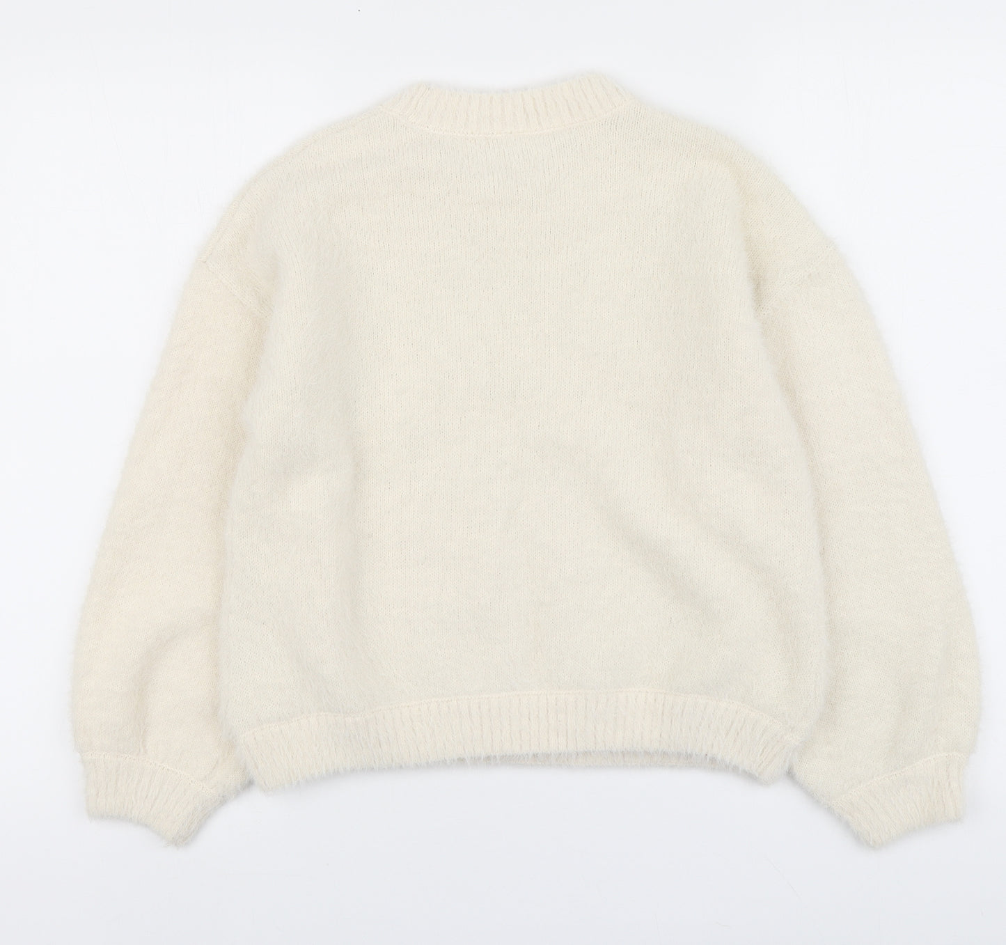Lindex Girls Ivory Round Neck Polyester Pullover Jumper Size 10-11 Years Button
